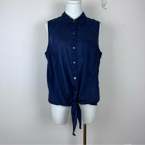 J Jill Shirt Womens Large Sleeveless Button Tie Front Classic Coastal Basic Blue